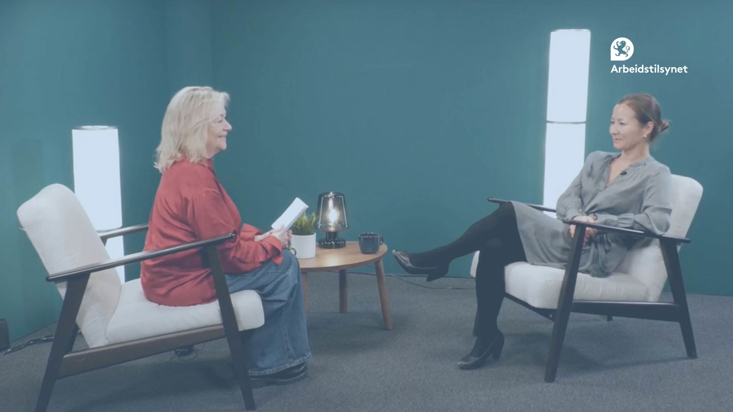 Bilde fra webinaret av deltakerne. De sitter mot hverandre i hver sin stol, og smiler.