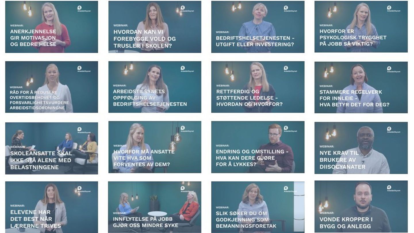 Mange små bilder som viser ulike webinarer Arbeidstilsynet har holdt