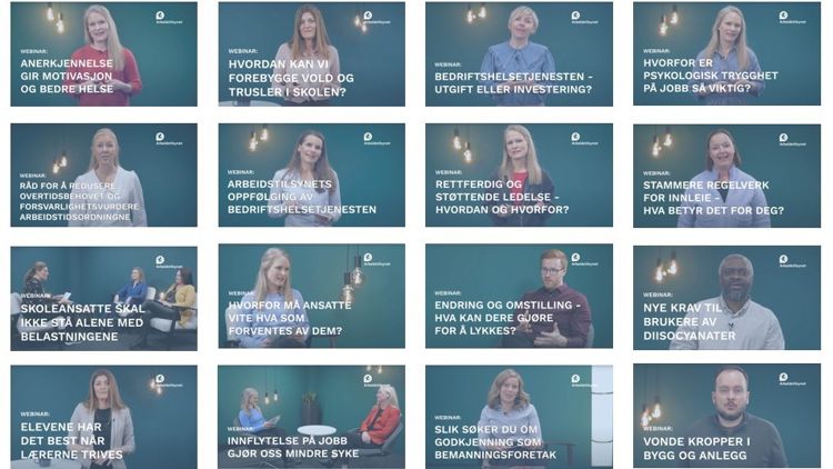 Mange små bilder som viser ulike webinarer Arbeidstilsynet har holdt